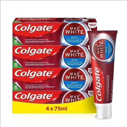 Colgate Zahnpasta Max White Optic 4x75 ml – entfernt bis zu 100% der Oberflächenverfärbungen für eine sofortige Zahnaufhellung* und ein weißeres Lächeln  